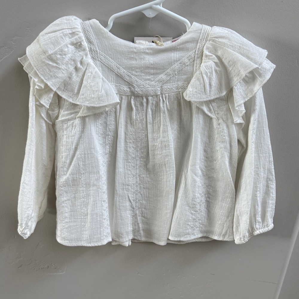 Zara White Ruffle Shoulder Cotton Blouse